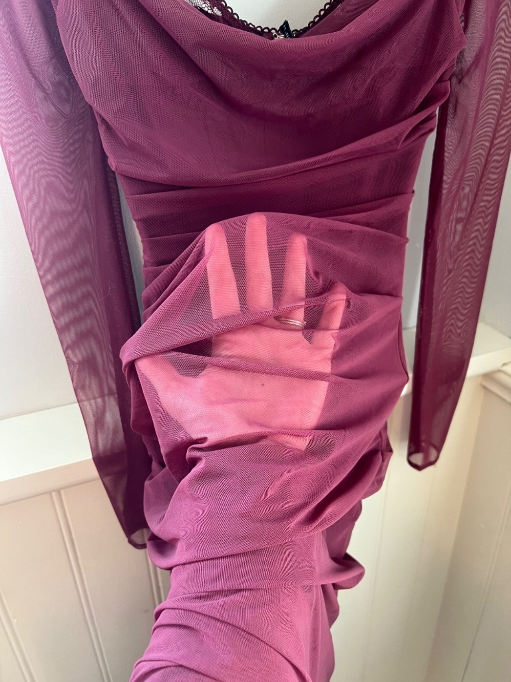 House of CB Burgundy Long Sleeve Mesh Gown - Picture 12 of 12